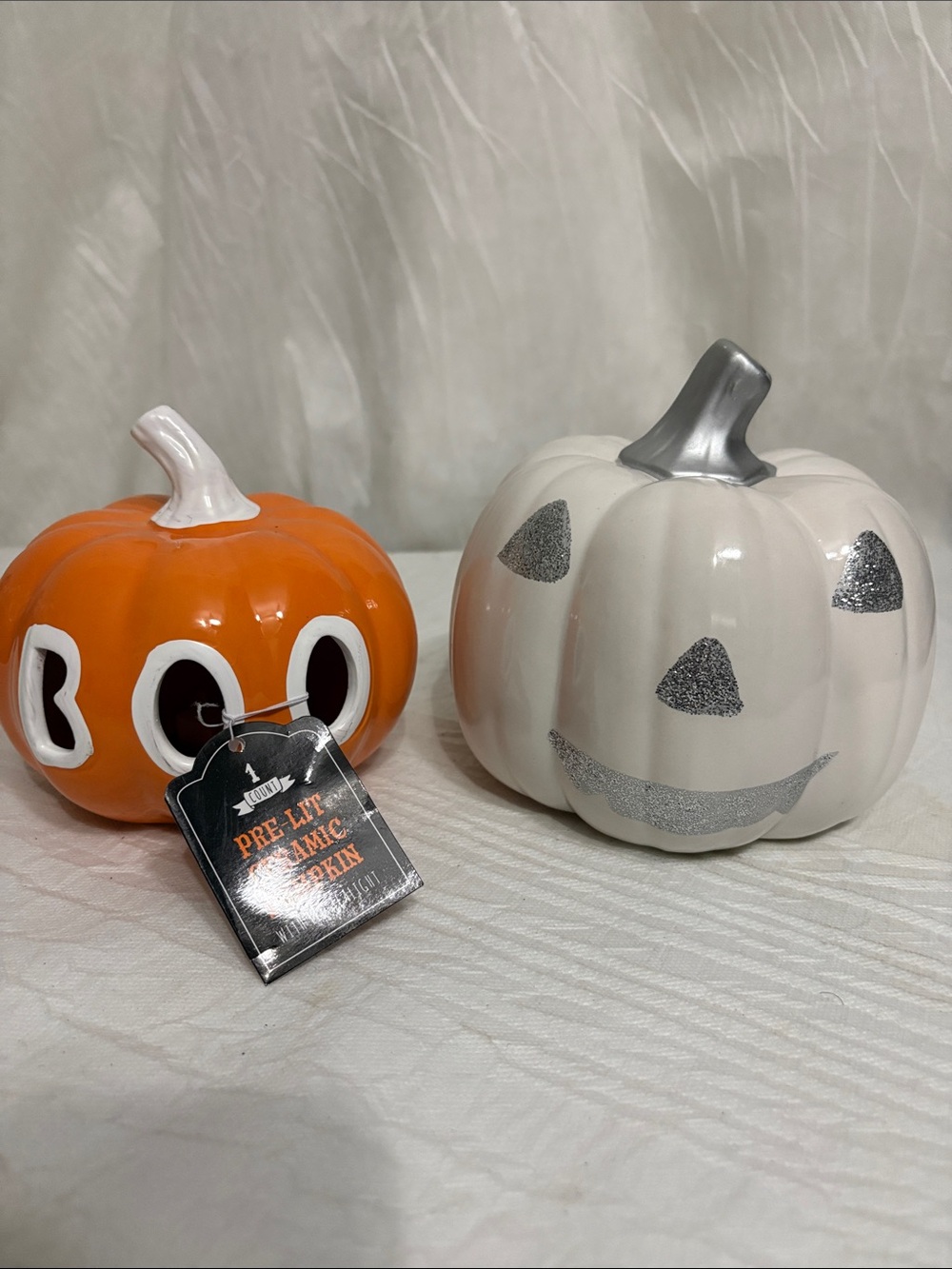 Pre-Lit Ceramic Pumpkin Set - Orange & White - Seasonal Home Party Supplies